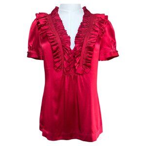 BCBG Max Azria Silk Ruffle V-Neck Blouse Red XS
